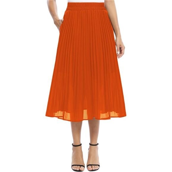 Women's Chiffon Elastic Waist A-Line Orange - Picture 2 of 7